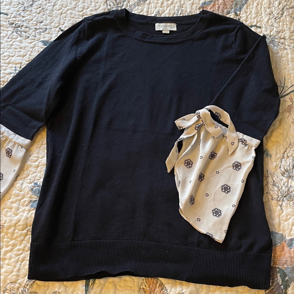 LOFT Black Sweater with White Printed Tie Cuffs